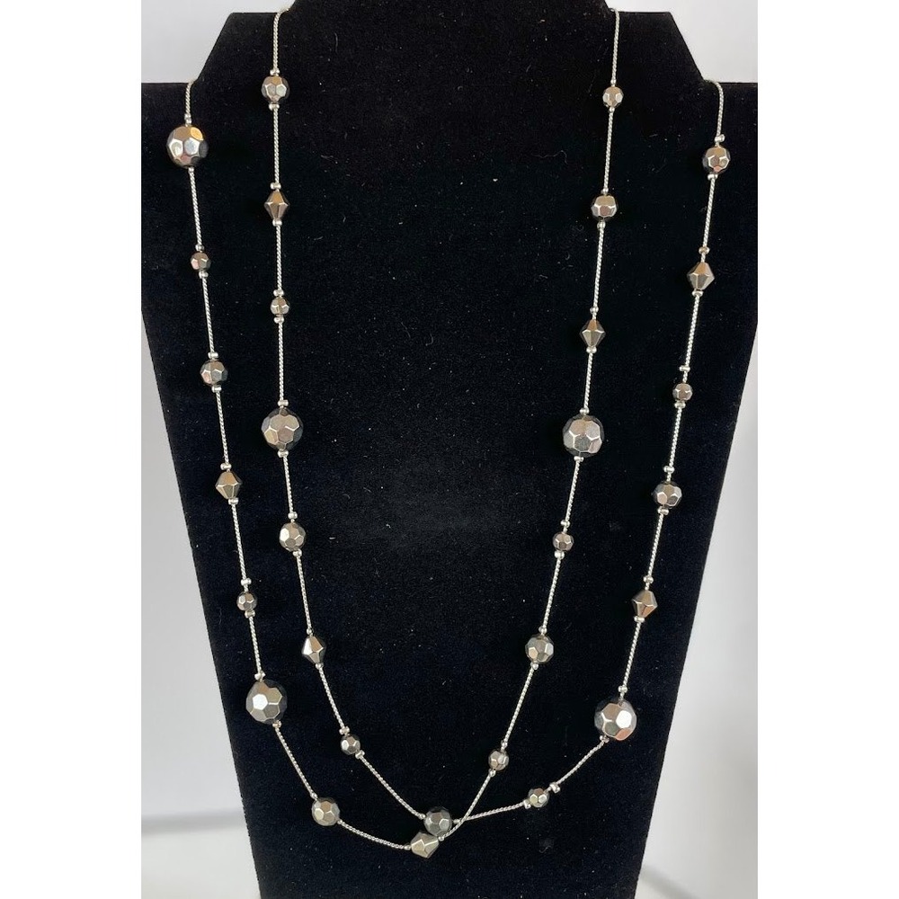Long Silver Tone Multi-Strand Station Necklace with Faceted Hematite Style Beads